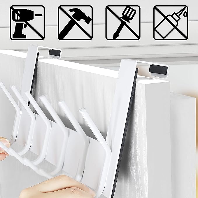 Dseap Over The Door Hook Hanger - 6 Hooks Over Door Coat Rack for Hanging Clothes Hat Towel,White, 2 Packs