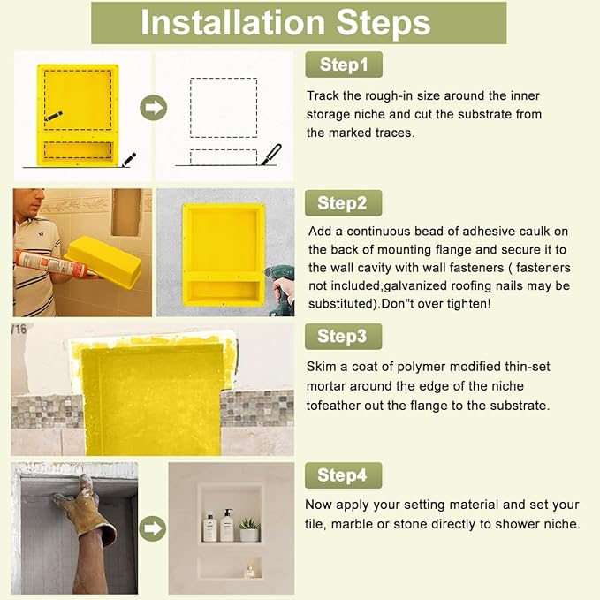 Suteck 16" x 20" Shower Niche Double Shelf -Yellow Rectangle Niche Cube, Ready for Tile Recessed Niches for Bathroom, Niche Shower Storage
