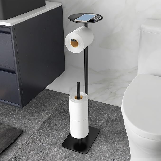 Toilet Paper Holder Stand for Bathroom Floor Standing Toilet Roll Dispenser Storages 4 Reserve Rolls, with Top Storage Shelf for Cell Phones, Wipe, Wallet and More(Black)