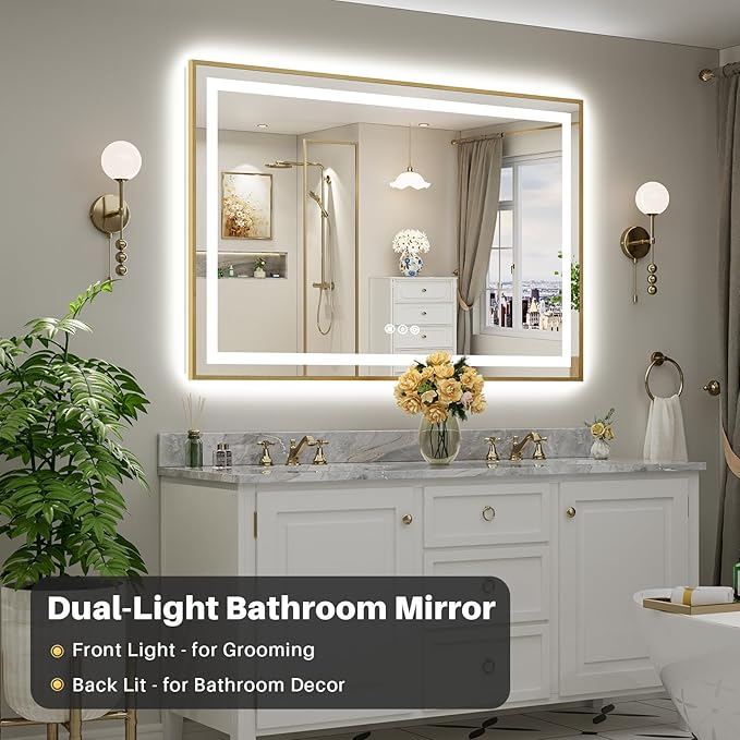 60x40 Inch LED Bathroom Mirror with Gold Frame, Backlit & Front Lit, Anti-Fog Lighted Bathroom Vanity Mirror for Wall, Memory Function, Dimmable, HD Tempered Glass, Shatter-Proof