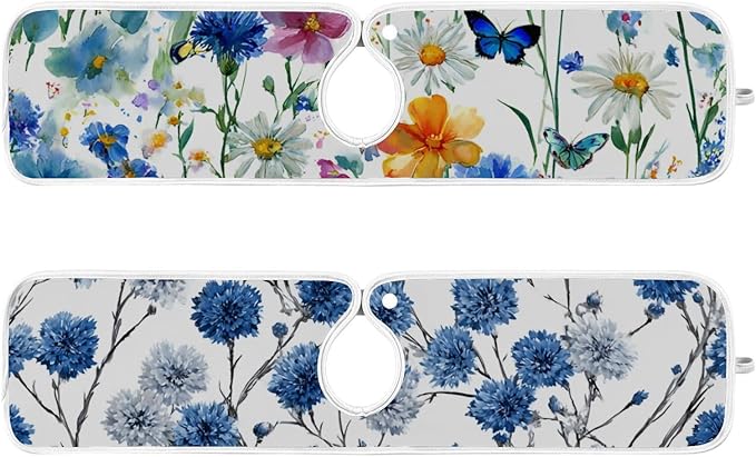 2 PCS Kitchen Sink Splash Guard 23.6 Inch Faucet Mat for Kitchen Sink Bathroom Sink Faucet Absorbing Drip Drain Mat Pad Microfiber Soft Washable Watercolor Blue Cornflower Daisy Butterflies