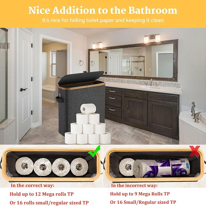 Toilet Paper Storage Basket with Lid for Mega Rolls, Large Bamboo Toilet Paper Organizer Storage Holder Stand for Bathroom, Enclosed Tissue Storage Bin Box Container Free Standing, Gray