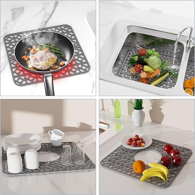 TOOVEM 2PCS Kitchen Sink Mats, Sink Protectors for Kitchen Sink, 11.5 x12.25 Inch Silicone Heat Resistant Non-Slip for Bottom of Kitchen Stainless Steel Sink Mats, Grey