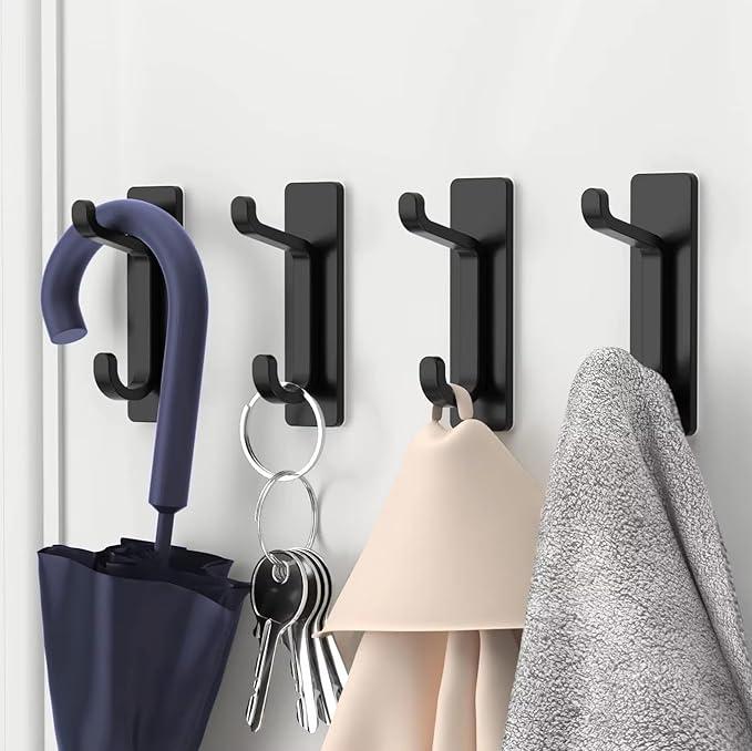 Quik D Heavy Duty Adhesive Wall Hooks for Hanging (4 Pack) — Waterproof & Rustproof Double Hooks, No Drilling Stick On Hooks for Bathroom, Kitchen, Door, Coat, Towel, Keys & Robes (4)