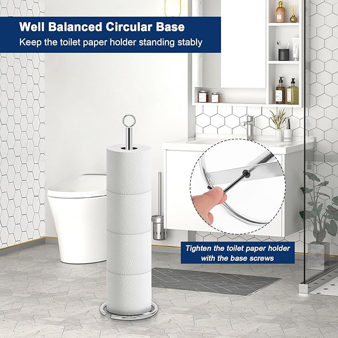 NearMoon Bath Toilet Paper Holder Stand, Freestanding Tissue Paper Storage with Reserve, Space Toilet 4 Rolls Holder for Bathroom/Kitchen Countertop-All Metal (3 Pack, Chrome Finish)