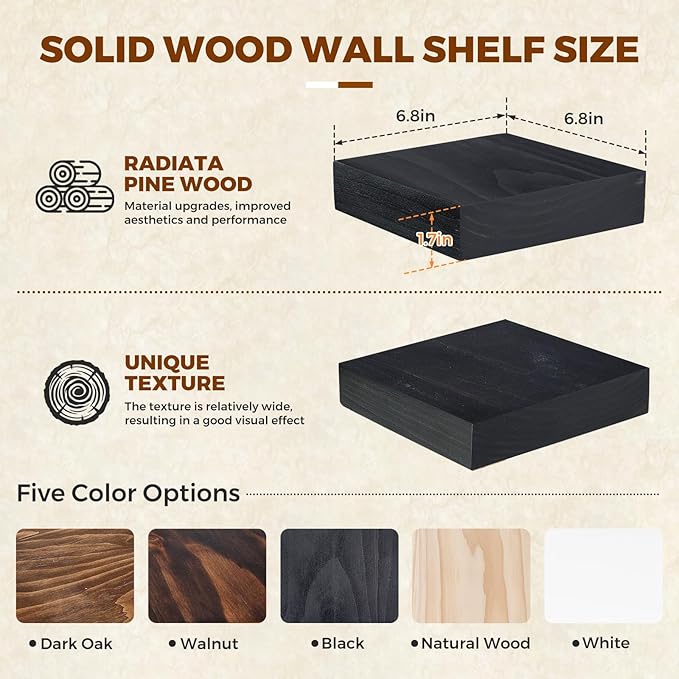 Floating Wall Shelves 6.8x6.8x1.7 Inch – Solid Wood Square Shelves in Black Finish – Rustic Mini Display Shelves for Entryway, Bathroom, Small Spaces – Set of 2