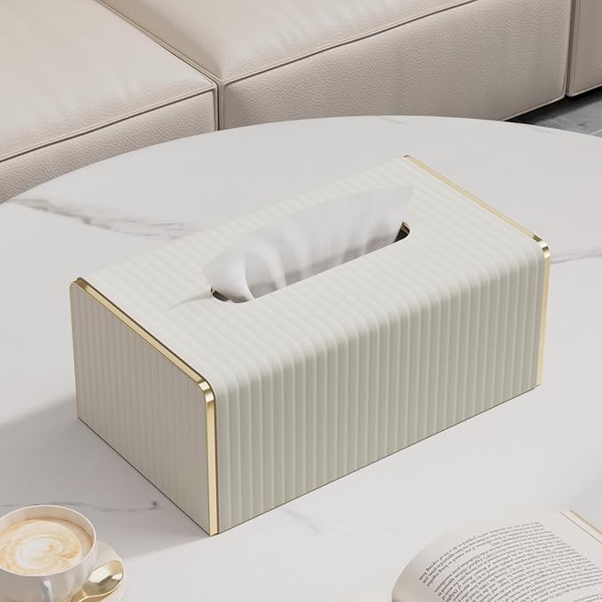 Tissue Box Cover,White Rectangle Leather Tissue Box Holder with Gold-Tone Edging Decoration,Decorative Tissue Cover for Bathroom Toilet Bedroom Living Room Table Desk Office (White, Rectangle)