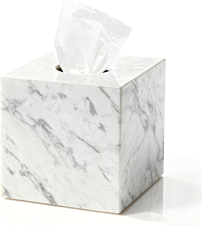 Natural Marble Tissue Box Holder Cover, Square Cube Tissue Box Holder with Open Bottom for Bathroom Vanity Tops, Bedroom Dressers, Kitchen Countertop, White Tissue Box(NS021)