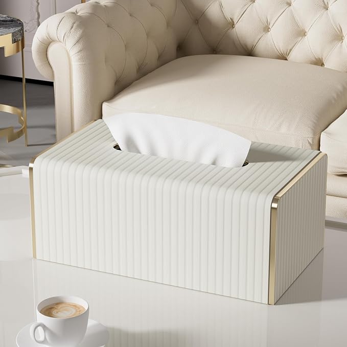 Tissue Box Cover,White Rectangle Leather Tissue Box Holder with Gold-Tone Edging Decoration,Decorative Tissue Cover for Bathroom Toilet Bedroom Living Room Table Desk Office (White, Rectangle)