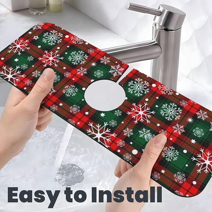 Merry Christmas Snowflakes Red Green Lattice Plaid Kitchen Sink Splash Guard Faucet Mat 1 Pcs, Absorbent Fast Drying Mat Gadgets Splash Guard For Bathroom 15 X 5.5 Inches