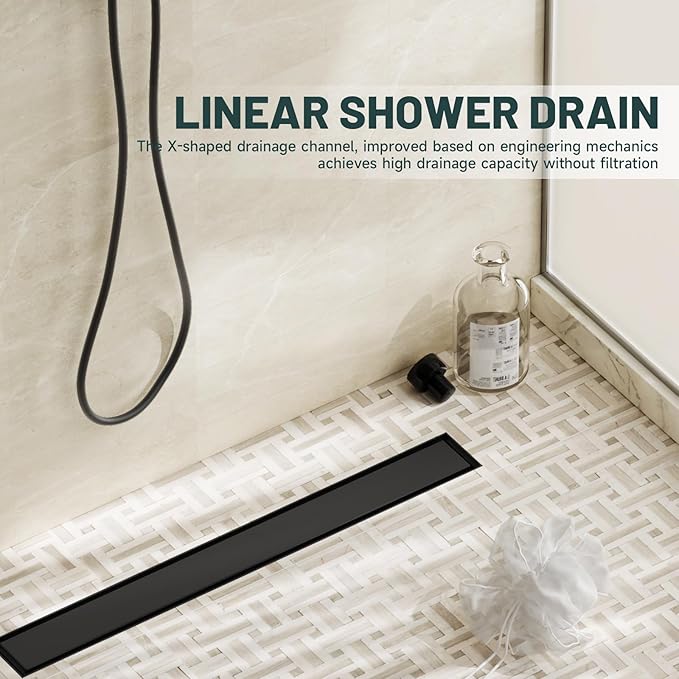 24-Inch Linear Shower Floor Drain, Stainless Steel Bathroom Floor Drains, Rectangular Shower Trench Floor Drain, Hair Strainer, Matte Black