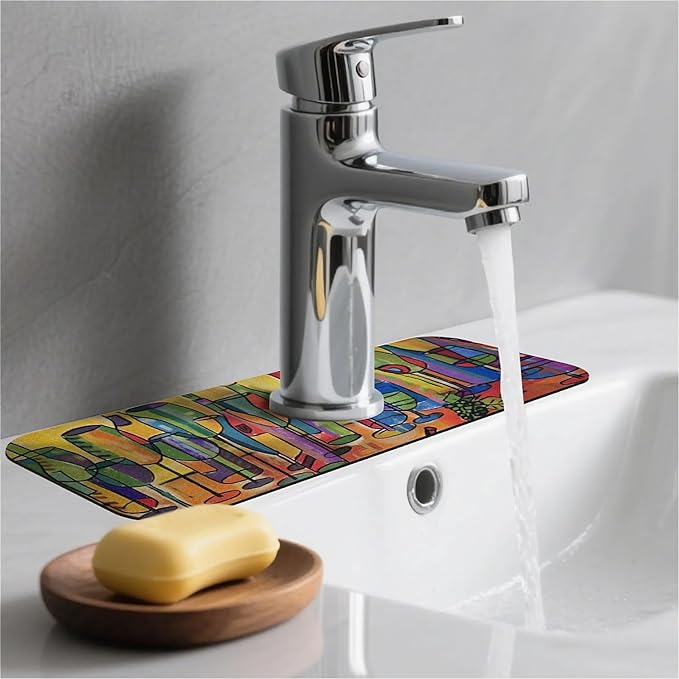 Kitchen Sink Splash Guard，Colored glass bottles Faucet Mat Sink Gadgets-Super Absorbent Fast Drying Mat Drip Catcher for Kitchen, Bathroom,Sink Mat, Dish Drying Mat, Bathroom(15" X 5.5" )