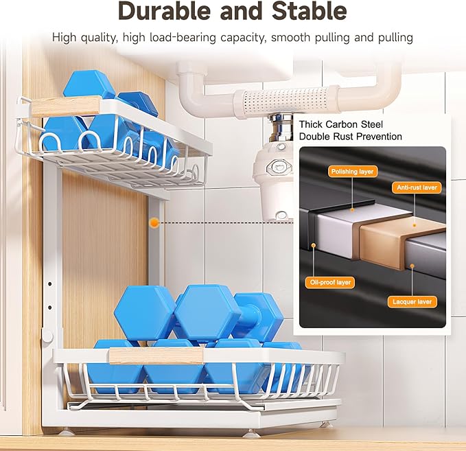 2 Packs Under Sink Organizer, Height Adjustable 2 Tier Under Kitchen sink organizer, Multi-Purpose Storage Shelf for Kitchen Bathroom Cabinet (White)