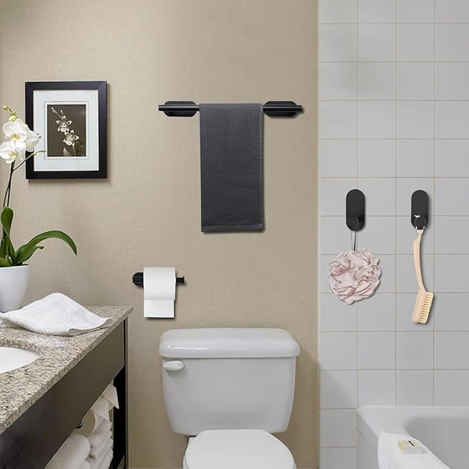 JiGiU Self Adhesive Towel Bar Bathroom Hardware Set Include 16-Inch Bath Towel Bar,Toilet Paper Holder Towel Ring & 3 Packs Towel Hooks Stainless Steel Wall Mount No Drill Sticky on Towel Holder Kit