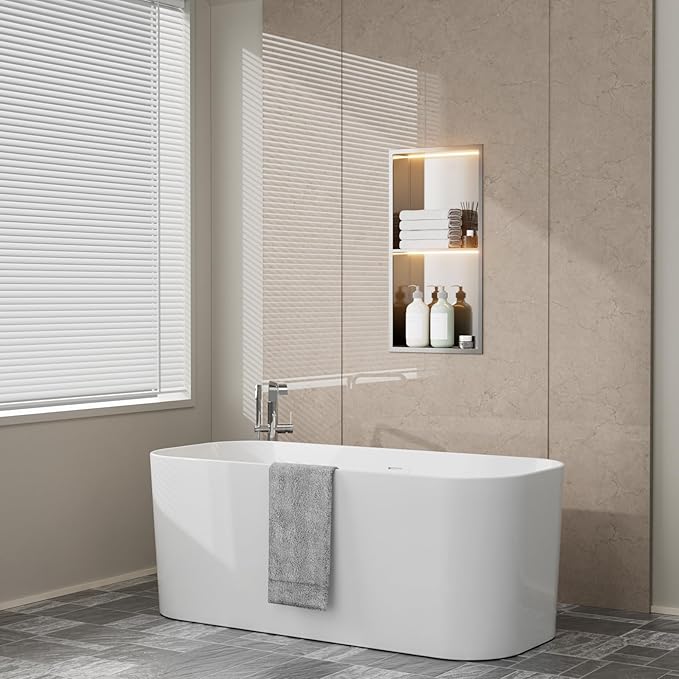 Stainless Steel LED Lights Shower Niche 12"x24" - No Tile Needed Double Shelves Recessed Wall Niche for Bathroom Storage, Brushed
