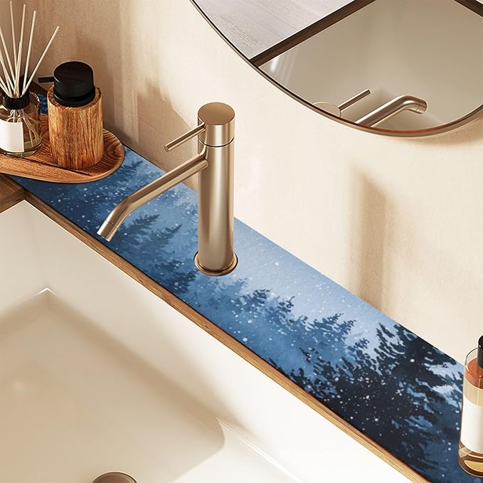 Kitchen Sink Splash Guard 2 PCS 30 Inch Sink Faucet Mat Splash Guard for Bathroom Countertop Water Absorbent Foldable Cuttable Soft Washable Watercolor Winter Mountain Blue