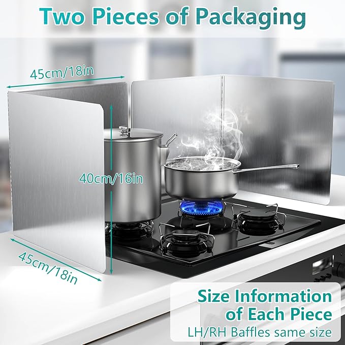 18"x16" Kitchen Splash Guard (2 PCS), Foldable Stainless Steel Backsplash Panel with Edge Protection, Heat Insulation Splashback for Stove and Counter