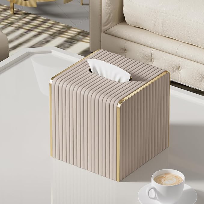 Tissue Box Cover,Beige Cube Leather Tissue Box Holders with Gold-Tone Edging Accents,Decorative Tissue Covers for Bathroom Toilet Bedroom Living Room Table Desk Office Car,Decor Aesthetic