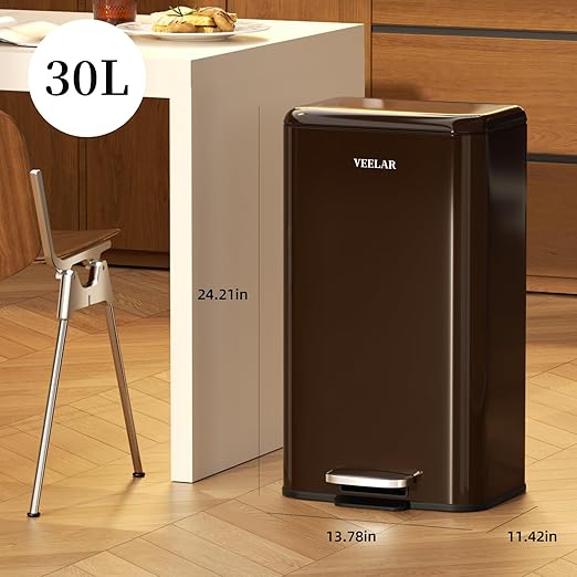 Kitchen Bathroom 8 Gallon Trash Can - Stainless Steel Garbage Cans with Foot Pedal, Recycling Bin with Lid for Office Bathroom Decor (Coffee, 30Liter / 8Gallon)