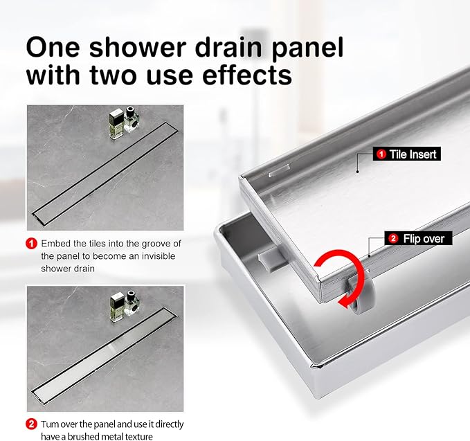 SaniteModar Linear Shower Drain, Shower Drain 16 inch Tile Insert 2 in 1 Panels, 304 Stainless Steel Brushed Shower Floor Drain, Shower Drain with Adjustable Feet and Hair Filters