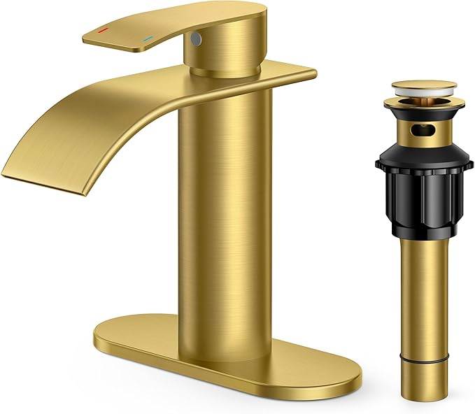 FORIOUS Brushed Gold Bathroom Faucet One Hole, Waterfall Single Handle Bathroom Faucet for 1 or 3 Hole Sink with Metal Pop up Drain, Deck Plate, cUPC Hoses for Vanity, Rv Sink