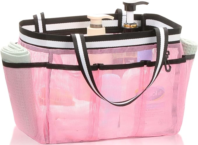 Ocim Large Portable Mesh Shower Caddy Bag Tote for Big Size Shampoo Bottles, Collapsible Quick Dry for College Dorm, Camping, Beach Pool Bathroom, Pink