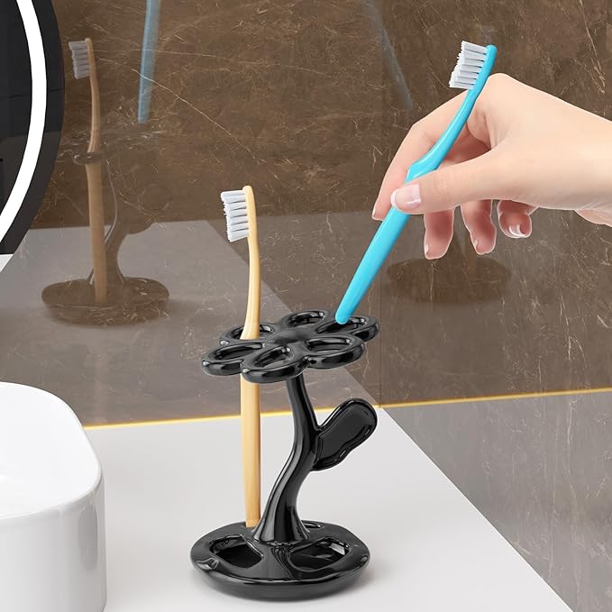 Toothbrush Holder for Bathroom, Flower Shape Ceramic Toothbrush Organiser, Holds 6 Standard Brushes (It's Black)