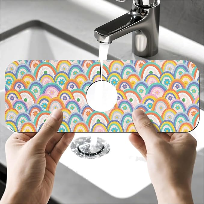 Faucet Draining Mat For Kitchen Sink, Boho Rainbow Hippie Floral Diatom Mud Absorbent Drain Pad For Bathroom Kitchen Sink Splash Guard Drying Mat