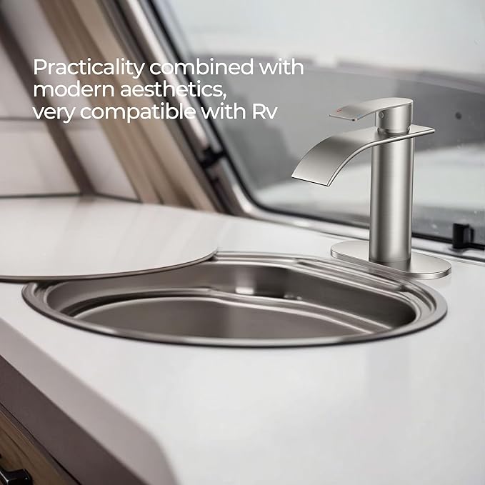 FORIOUS Waterfall Bathroom Faucet 1 Hole, Brushed Nickel Single Handle Bathroom Sink Faucets for 1 or 3 Hole with Deck Plate, Metal Pop up Drain, cUPC Hoses for Vanity, Basin, Rv, Lavatory Sink
