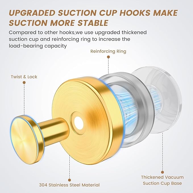 WZW&CLC Suction Cup Hooks for Shower, Stainless Steel Heavy Duty Hanger, Waterproof Removable Towel Hooks for Kitchen, Bathroom, Mirror, Wall, Glass (4, Gold)