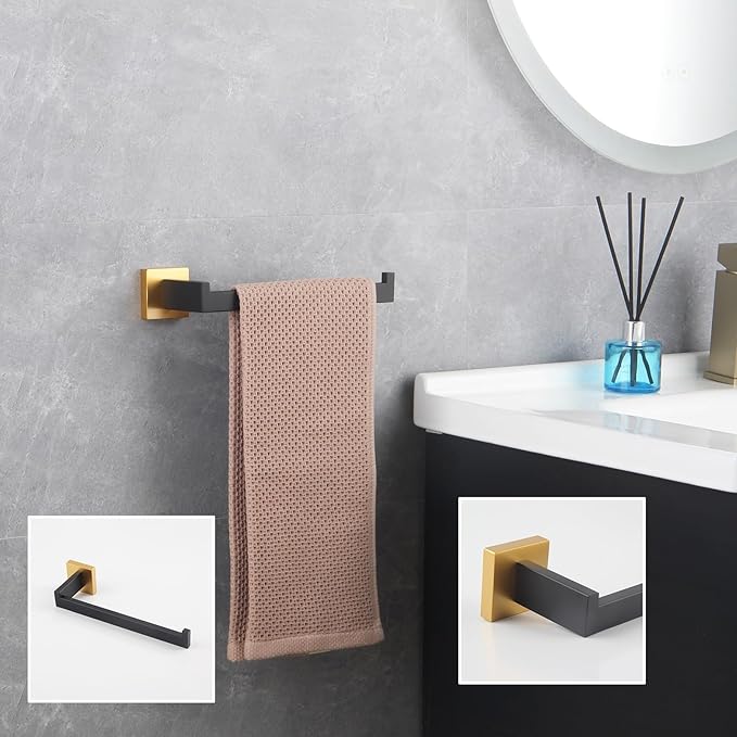 GERZWY Bathroom Hardware Accessories Sets Stainless Steel 3-Pieces - Robe Hook Toilet Paper Holder Towel Ring (Black & Gold) FG16567-3BD
