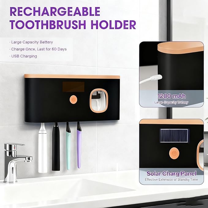 Toothbrush Sterilizer Holder Wall Mounted, USB Rechargeable Automatic Toothpaste Dispenser with 5 Brush Slots, Bathroom Organizer for Families (Black)