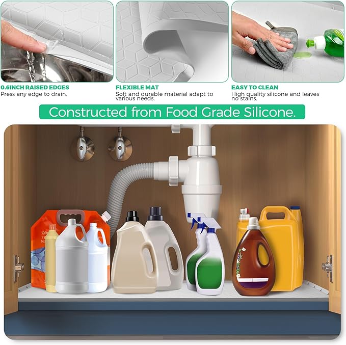 TRZZ Silicone Waterproof Under Sink Mat 28" x 22", Drip Tray and Cabinet Liner for Kitchen and Bathroom, Prevents Water Damage and Organizes Cabinets (Light Grey)