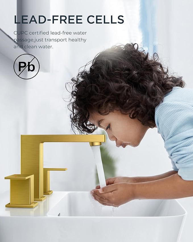 FORIOUS 8 Inch Widespread Gold Bathroom Faucet, Square 2 Handle Brushed Gold Bathroom Sink Faucet 3 Hole with Metal Drain, 24" CUPC Supply Lines and Spare Aerator, Vanity Sink Remodel