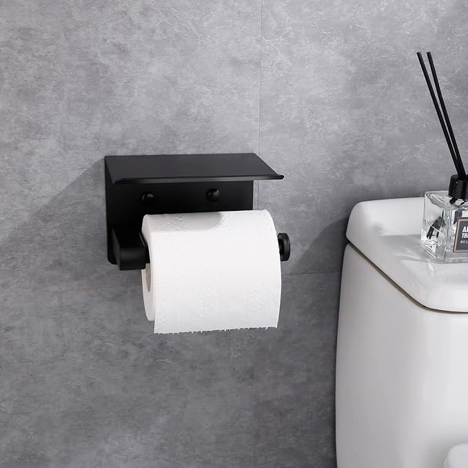 Toilet Paper Holder- Wall Toilet Paper Holder with Phone Shelf Storage Paper Roll Tissue Holder Dispenser Mounted Black Adhesive Paper Holders with Shelf Organizer for Bathroom