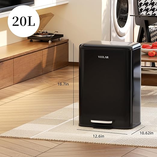 Kitchen Bathroom 5.5Gallon (20L) Trash Can - Stainless Steel Garbage Cans with Foot Pedal, Recycling Bin with Lid for Office Bathroom Decor (Black)