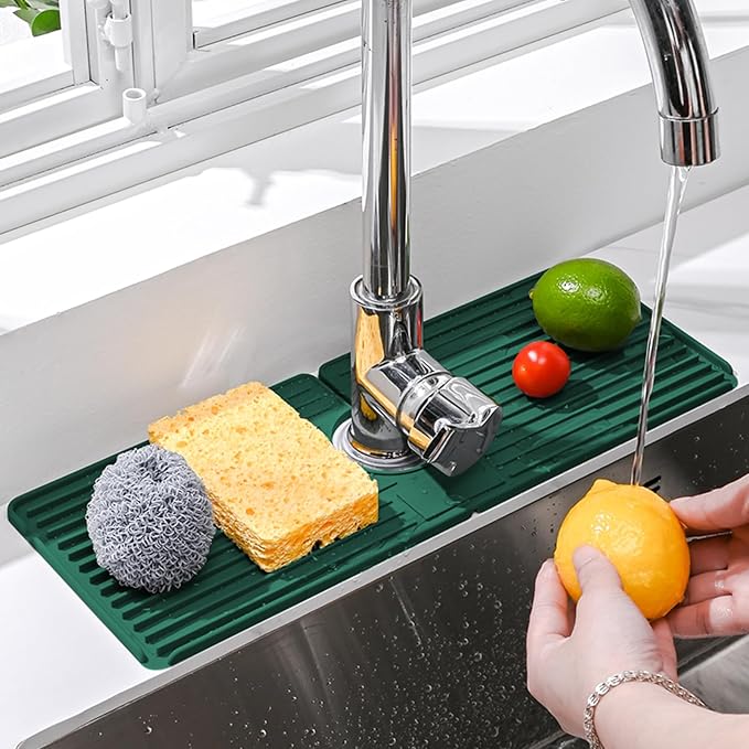 Faucet Mat for Kitchen Sink, Silicone Faucet Handle Drip Catcher Tray, Drying Mat as Sponge and Soap Holder with Lateral Inflow for Kitchen Bathroom Farmhouse & RV Sink Accessories (Green)