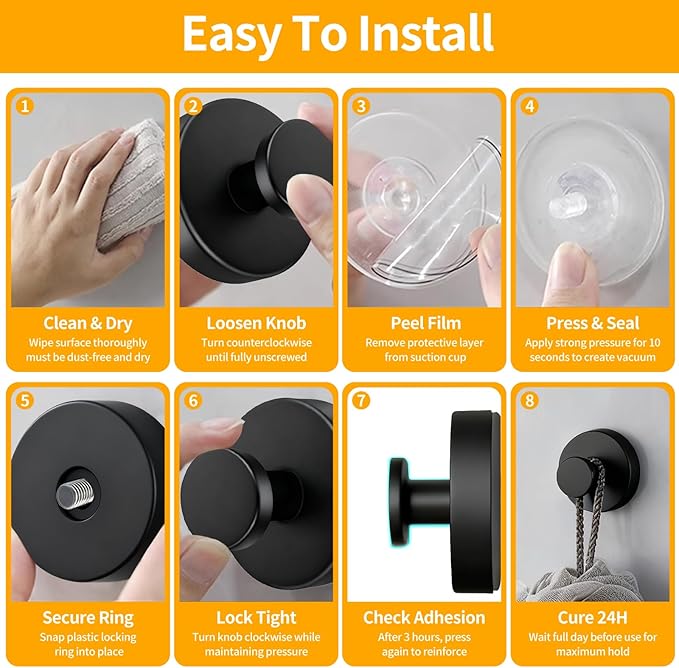 4 Pack Suction Cup Hooks, Removable Stainless Steel Drill-Free Heavy Duty Strong Suction, Reusable Waterproof Hooks for Bathroom Kitchen Mirror Tile Glass, Wall Hooks for Hanging Towels Keys(Black)