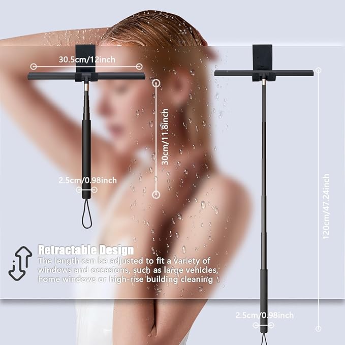 Squeegee Shower Doors, Shower Squeegee for Glass Doors, Window Squeegee, Squeegee Window Cleaning, Window Cleaner Tool with 47'' Extension Pole for Car Windshield, Glass Doors (Black)