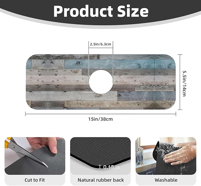 Vintage Rustic Farmhouse Blue Wood Kitchen Sink Splash Guard Faucet Mat 1 Pcs, Absorbent Fast Drying Mat Gadgets Splash Guard For Bathroom 15 X 5.5 Inches