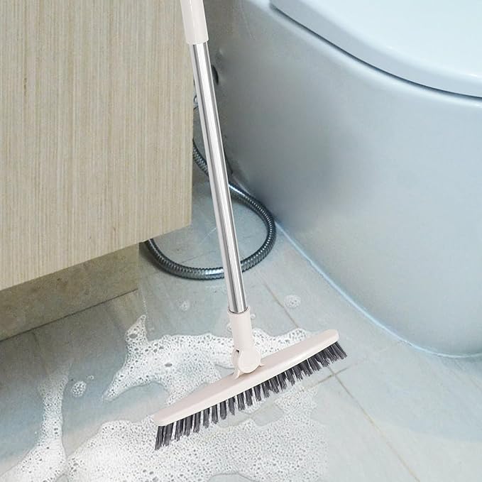 CLISPEED Rotating Long Handle Scrub Brush with Stiff Bristles for Floor Gap and Tile Crevice Cleaning, Bathroom and Shower Scrubber Tool, Beige