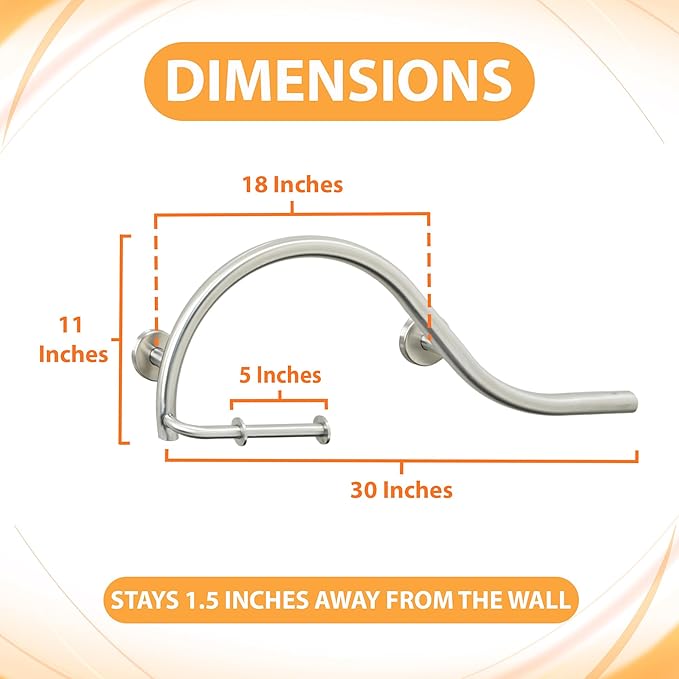 Bathroom Grab Bar & Toilet Paper Holder - Stand Assist for Adults Elderly Handicap / 304 Stainless Steel / Left / Brushed Finish / 30" x 11"