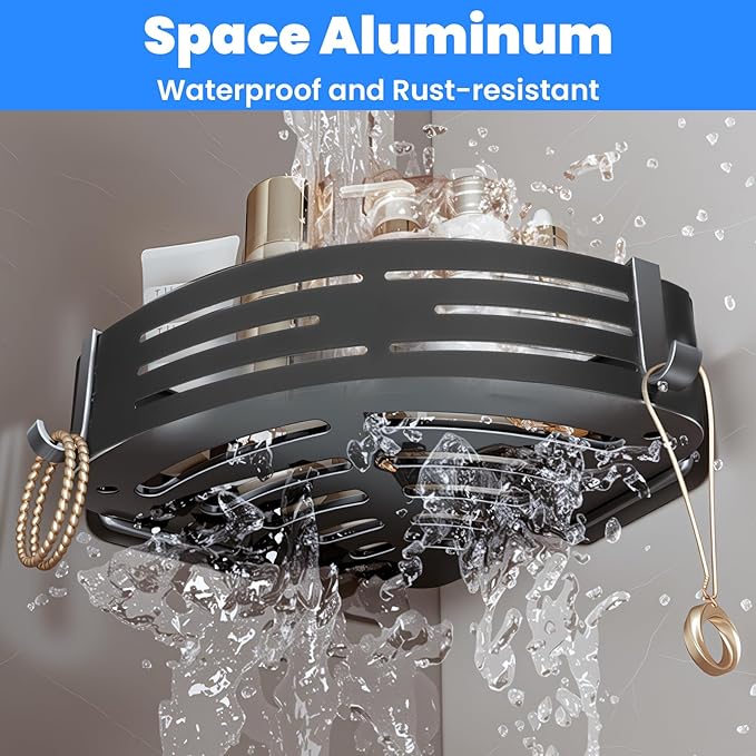 2 Pack Corner Shower Caddy Suction Cup Rust-proof aluminum alloy With 4 hooks No drilling required Removable Waterproof Nathroom Storage Rack for Shampoo, Shower Gel, Razors