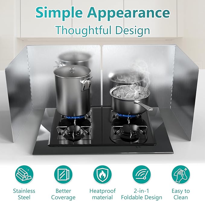 18"x16" Kitchen Splash Guard (2 PCS), Foldable Stainless Steel Backsplash Panel with Edge Protection, Heat Insulation Splashback for Stove and Counter