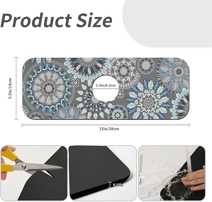 Kitchen Sink Splash Guard，Bohemian flowers Faucet Mat Sink Gadgets-Super Absorbent Fast Drying Mat Drip Catcher for Kitchen, Bathroom,Sink Mat, Dish Drying Mat, Bathroom(15" X 5.5" )