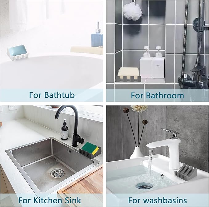 Self Draining Soap Dish Holder,Silicone Soap Dish,for Bathroom,Kitchen, Sponges，Can Extend Soap Life，Keep Soap Bars Dry and Easy Cleaning (Light Grey,2-Pack)