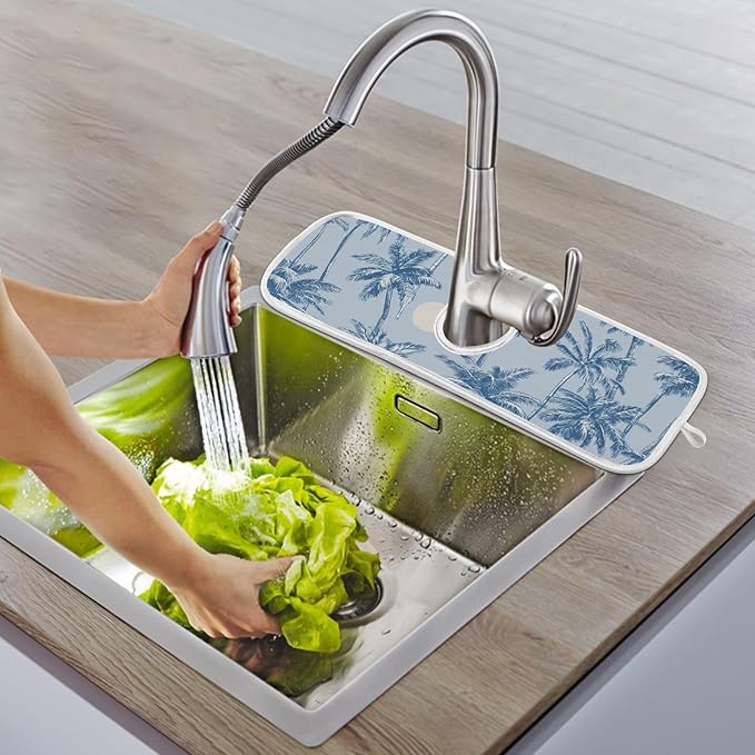 Sink Faucet Absorbing Mat Kitchen Sink Splash Guard Splash Faucet Drip Catcher for Bar RV Bathroom 2PCS 23.6x5.5in Blue Tropical Trees and Sun