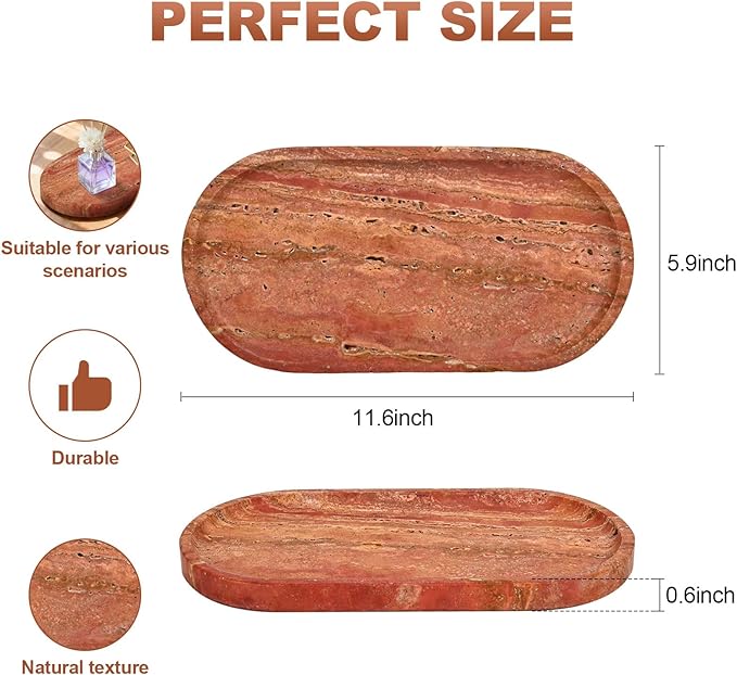 YKAJO Natural Red Limestone Tray 11.6"x5.9" - Stone Catchall Tray, Decorative Vanity & Bathroom Organizer for Jewelry, Perfume, Entryway, Kitchen Counter Decor