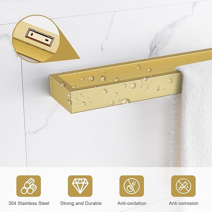TNOMS Single Towel Bar Towel Holder Bathroom Hardware Accessories,Stainless Steel Wall-Mounted Towel Rack Towel Rail,20 Inches Brushed Gold