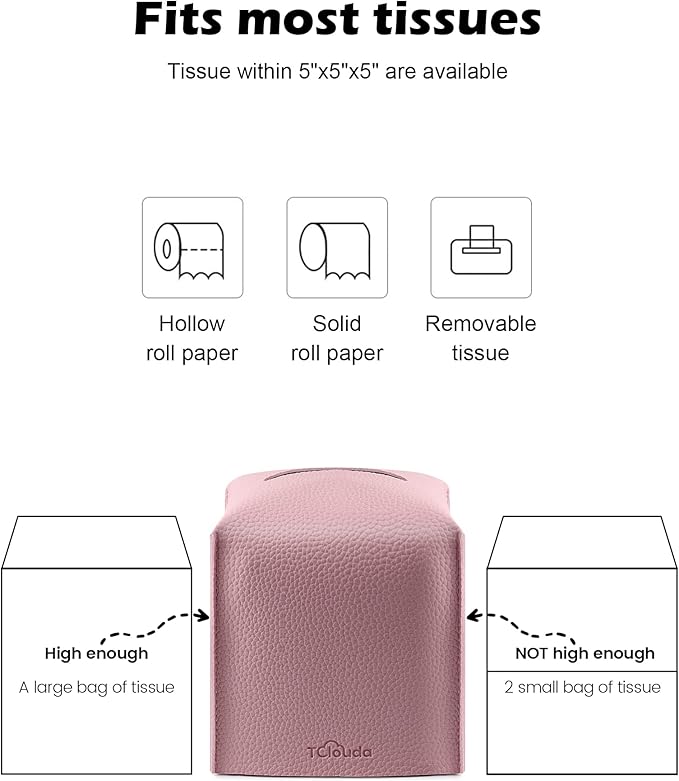 Tissue Box Cover for PU Leather, Modern Simple Solid Color Holder Square Tissue Bag, Ideal for Bathrooms,Office,Car,Nightstand,Outdoor Tent,Dining Table,5"X5"X5", Double Pink